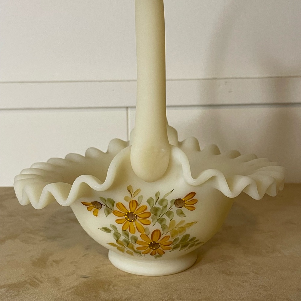 Fenton Satin Custard Glass Ruffled Glass Basket - Hand Painted & Signed